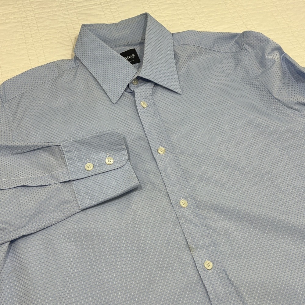 Hugo Boss Mens Fitted Dress Shirt Light Blue Textured Cotton Long Sleeve Large